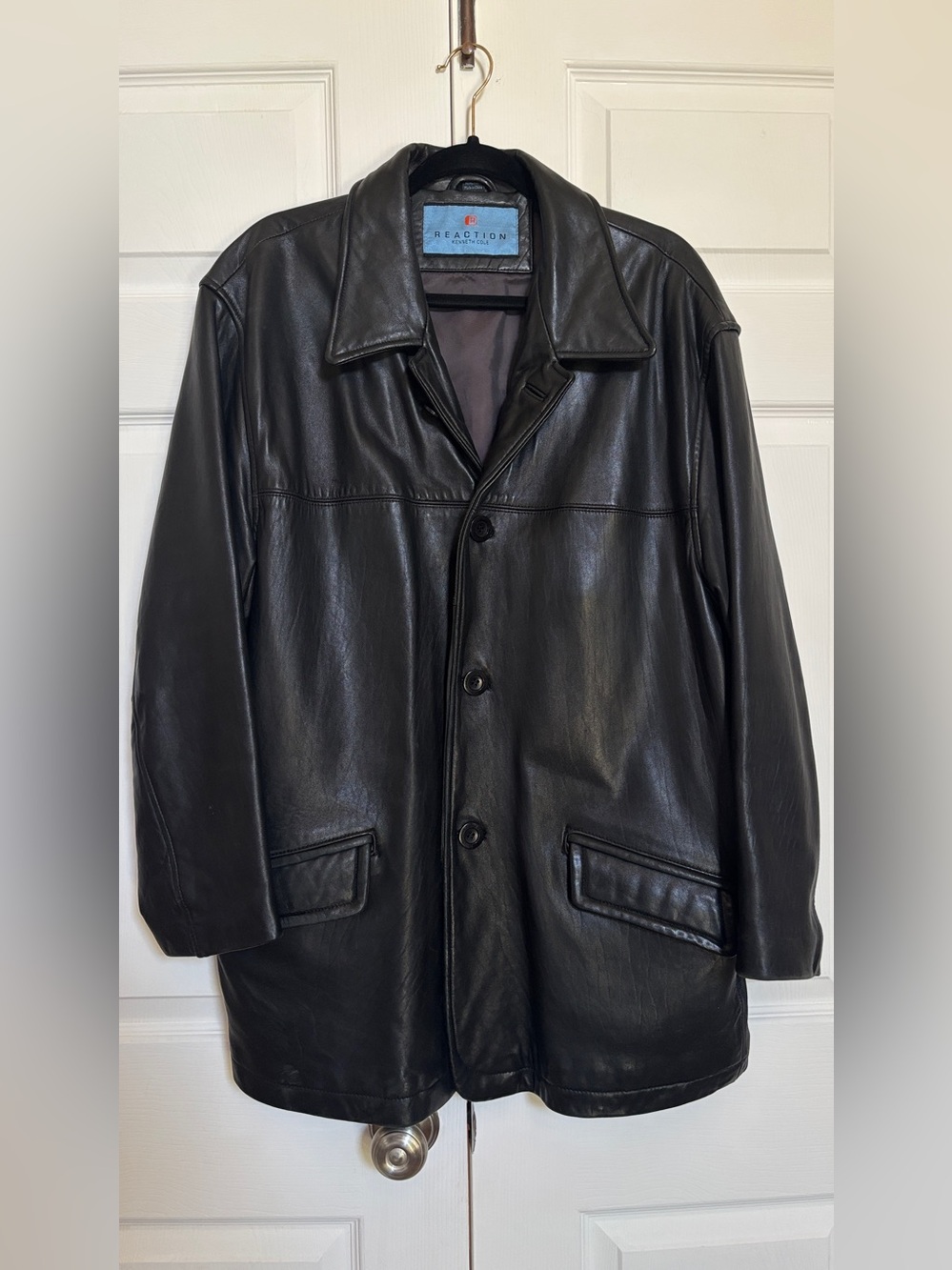 Kenneth Cole Reaction Men’s M Genuine Leather Black Long Blazer Coat Jacket